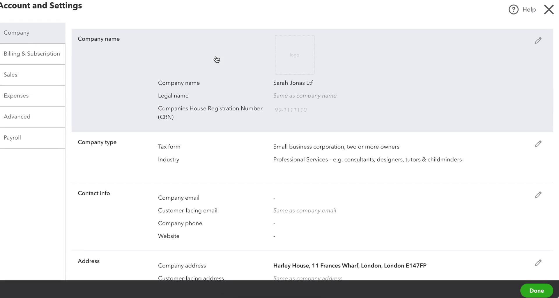 QuickBooks account settings screenshot