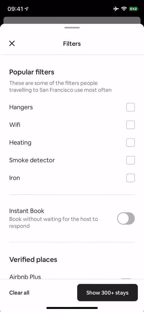 Airbnb filters screenshot