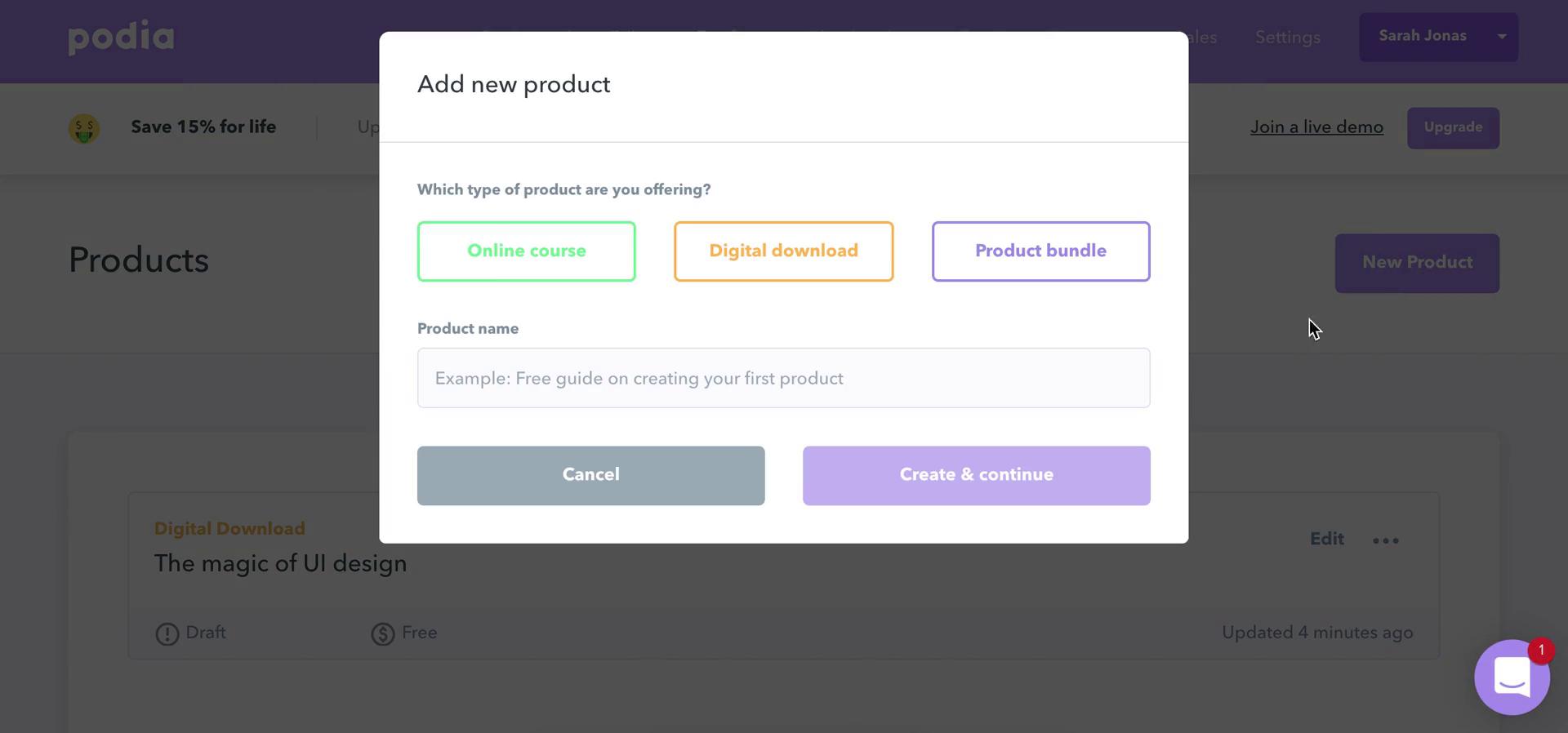 Podia create product screenshot