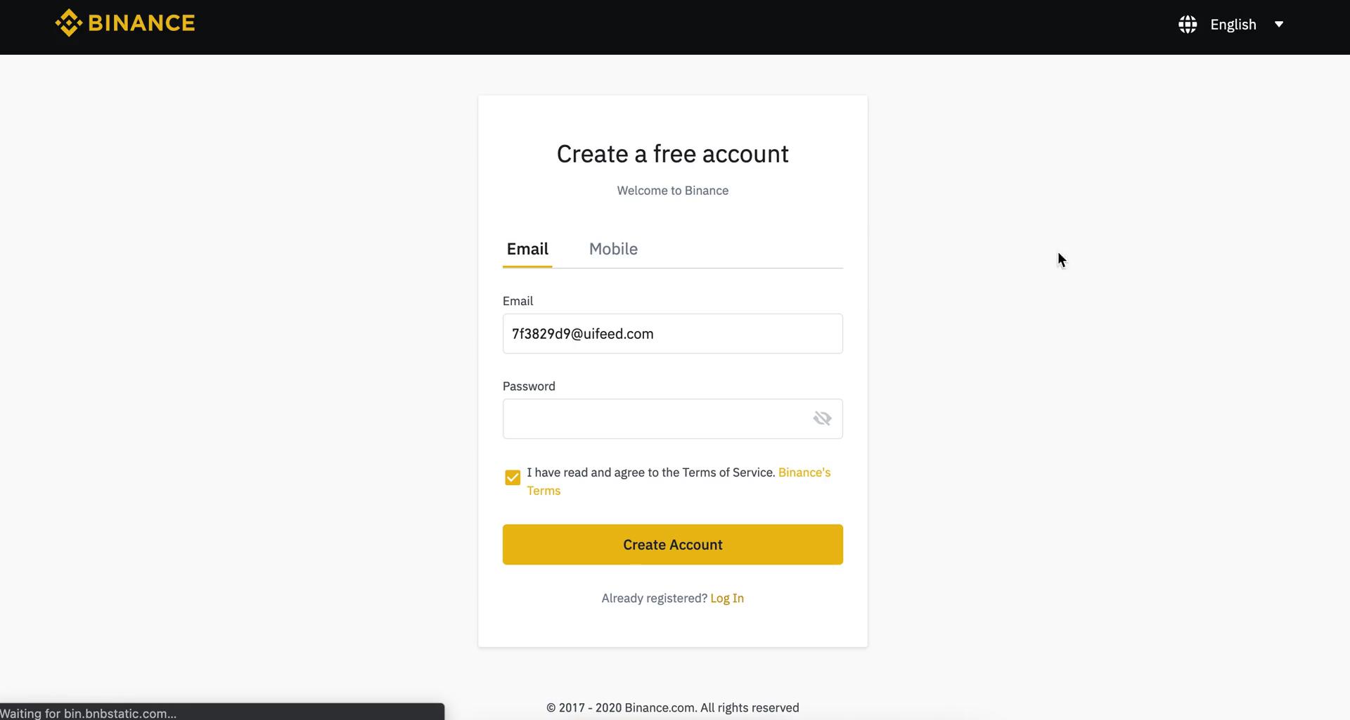 Binance sign up screenshot