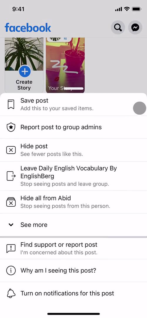 Facebook post action menu screenshot