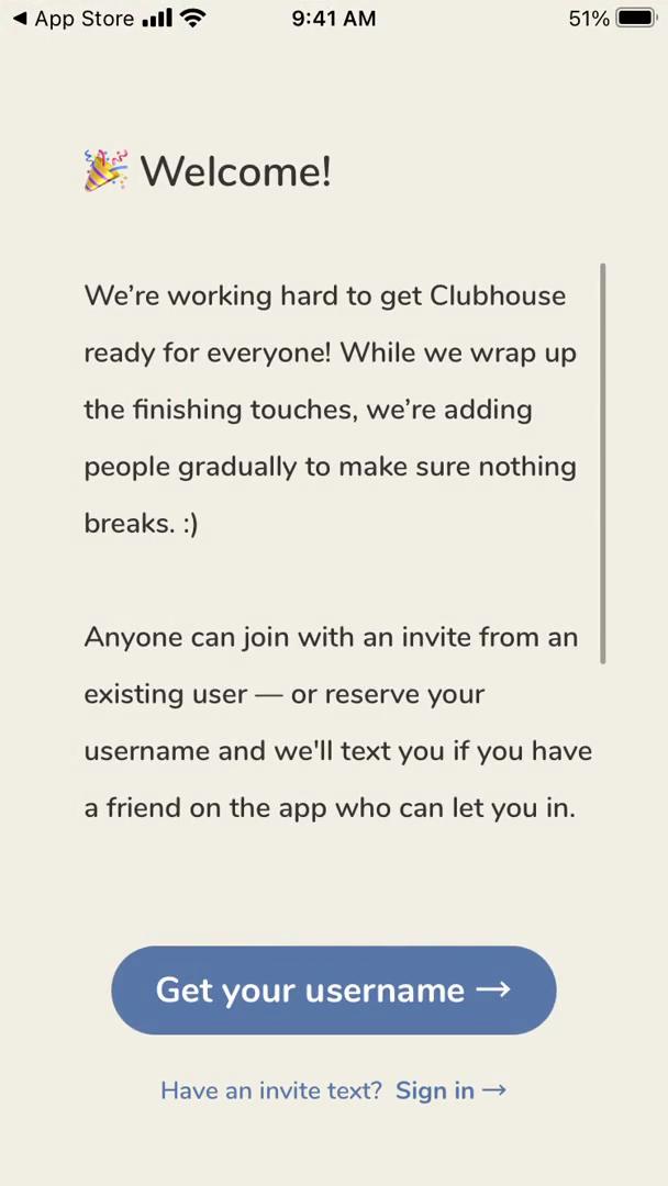 Clubhouse welcome screenshot