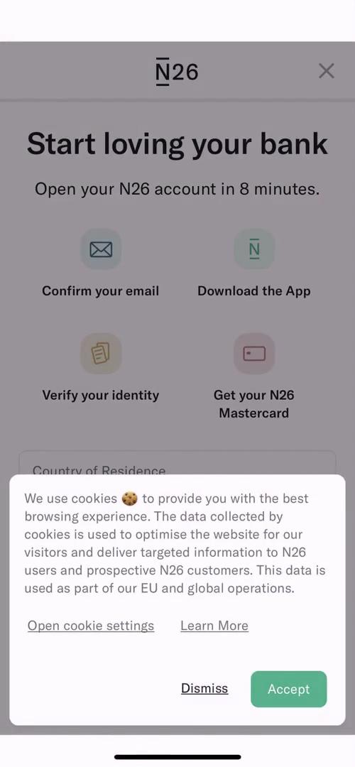 N26 accept cookie policy screenshot