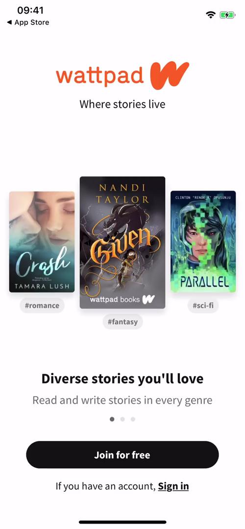 Wattpad start screen screenshot