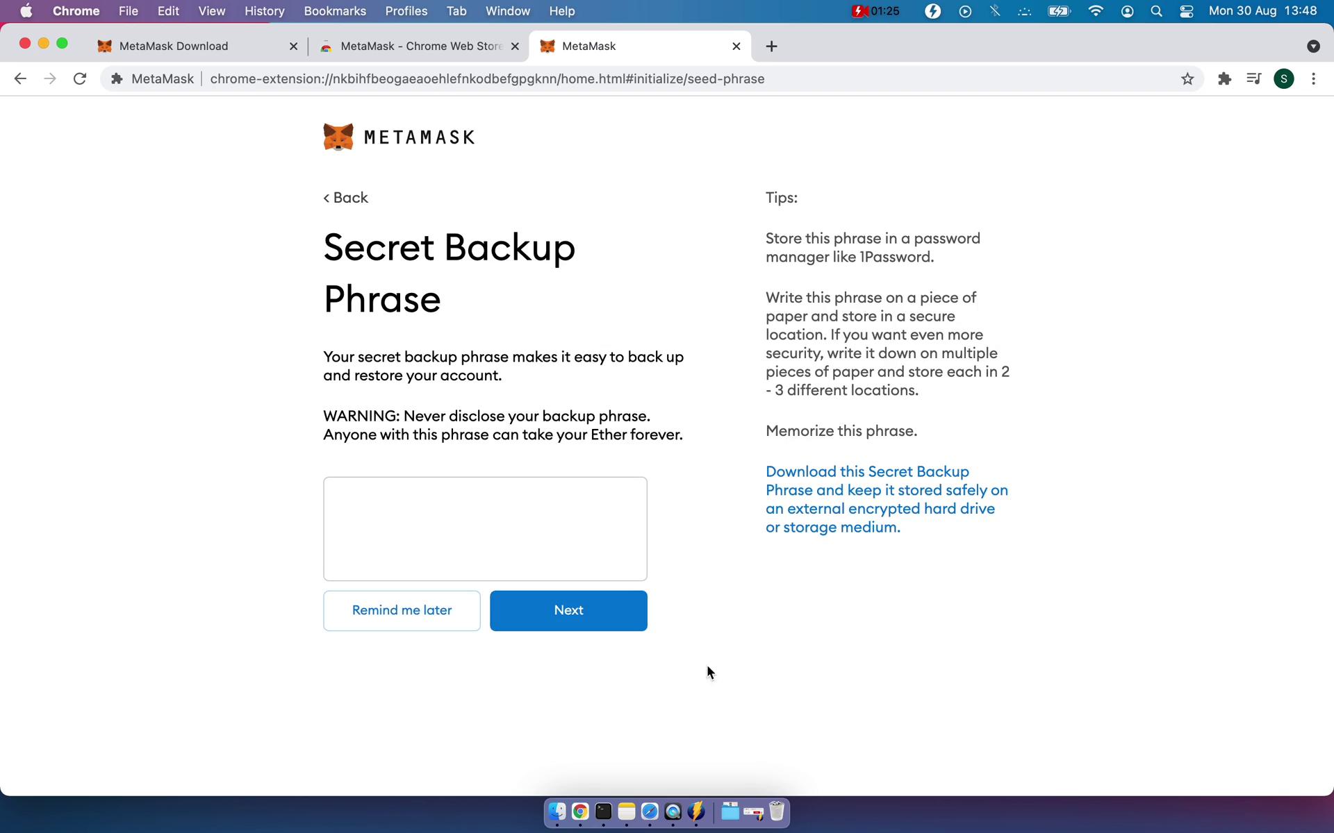 MetaMask reveal backup code screenshot