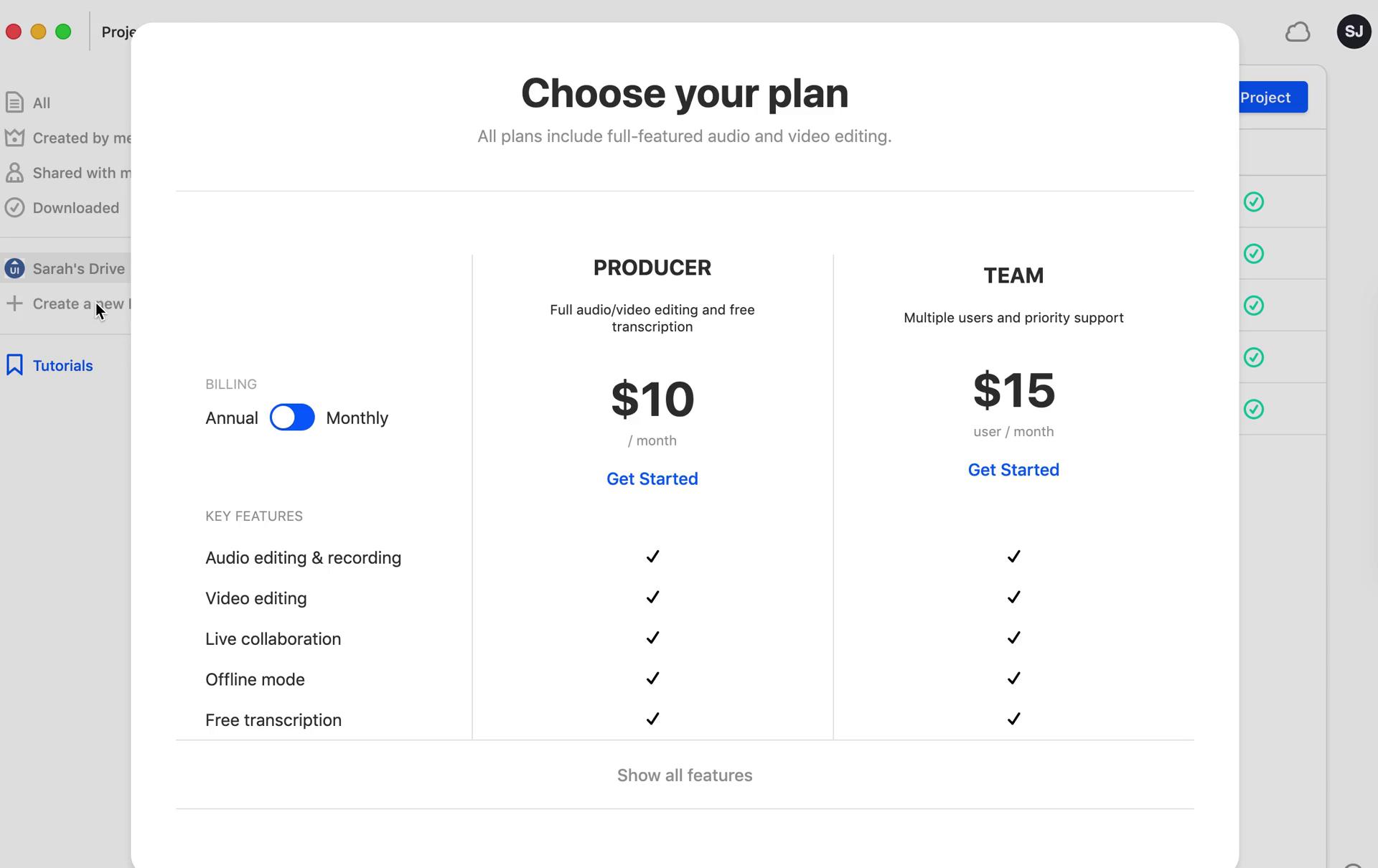 Descript pricing & plans screenshot