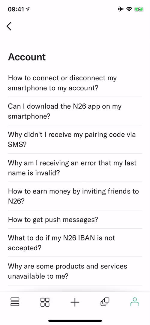 N26 help centre category screenshot