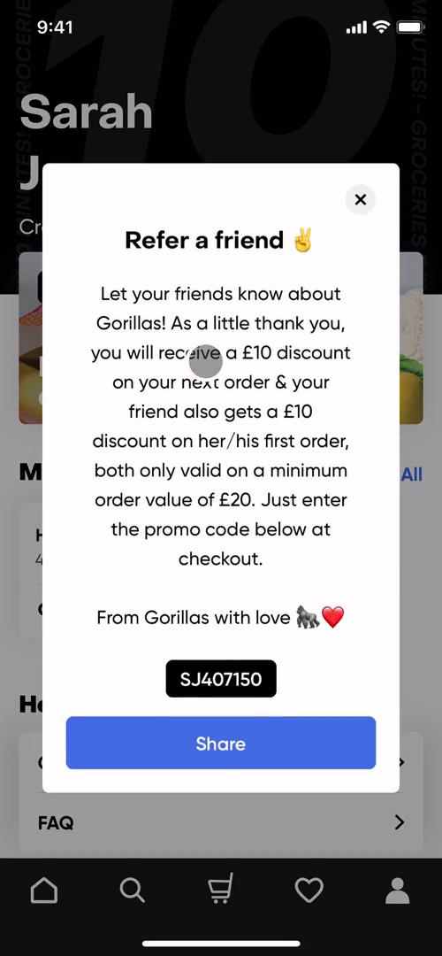 Gorillas invite friends screenshot