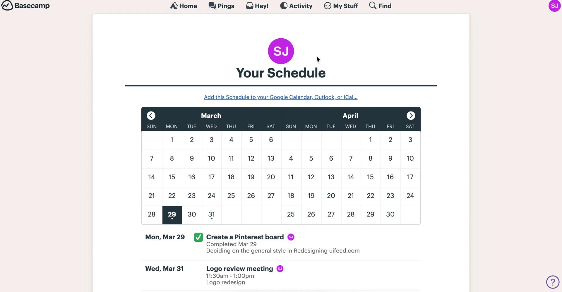 Basecamp your schedule screenshot