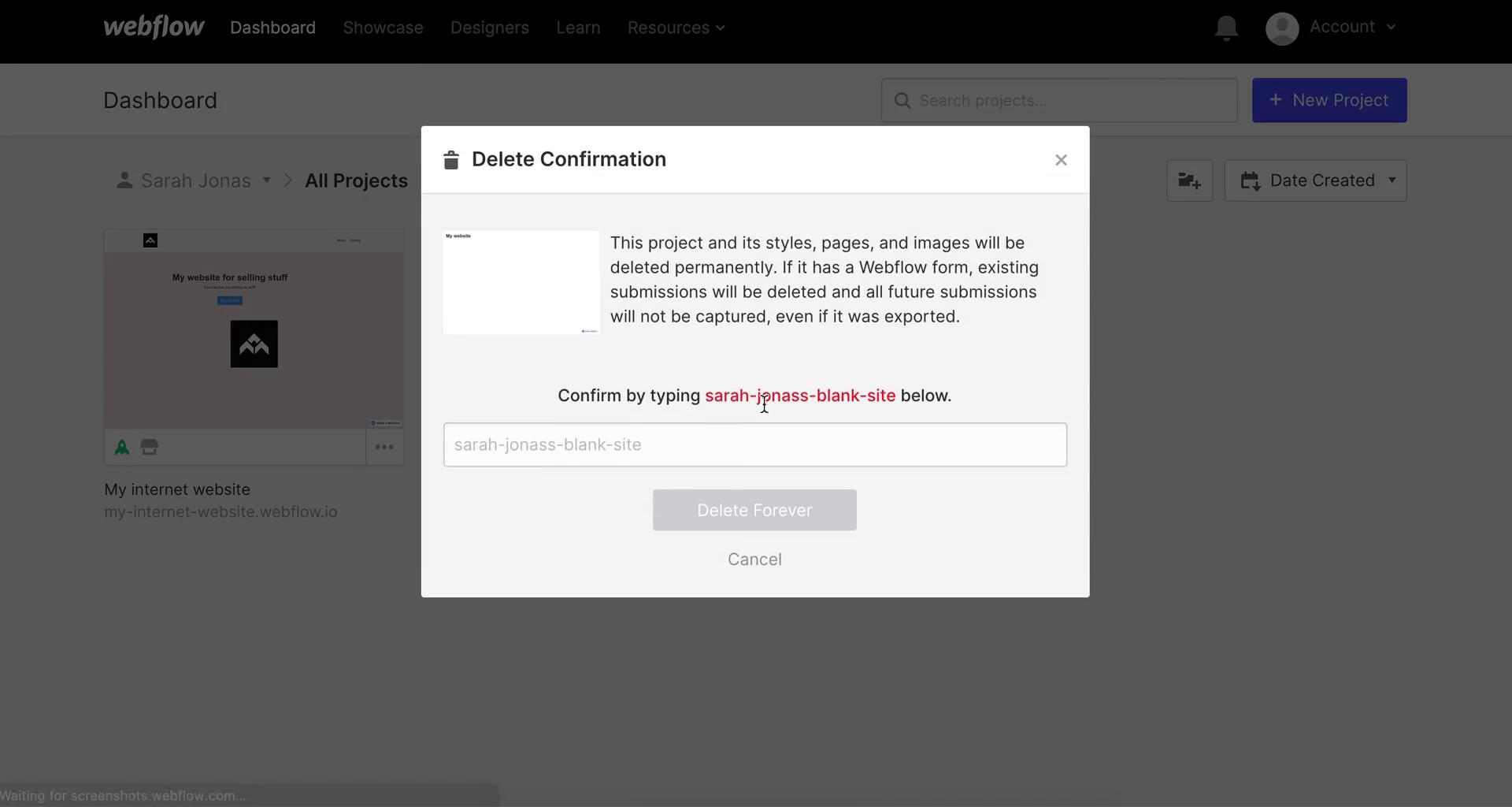 Webflow confirm delete screenshot