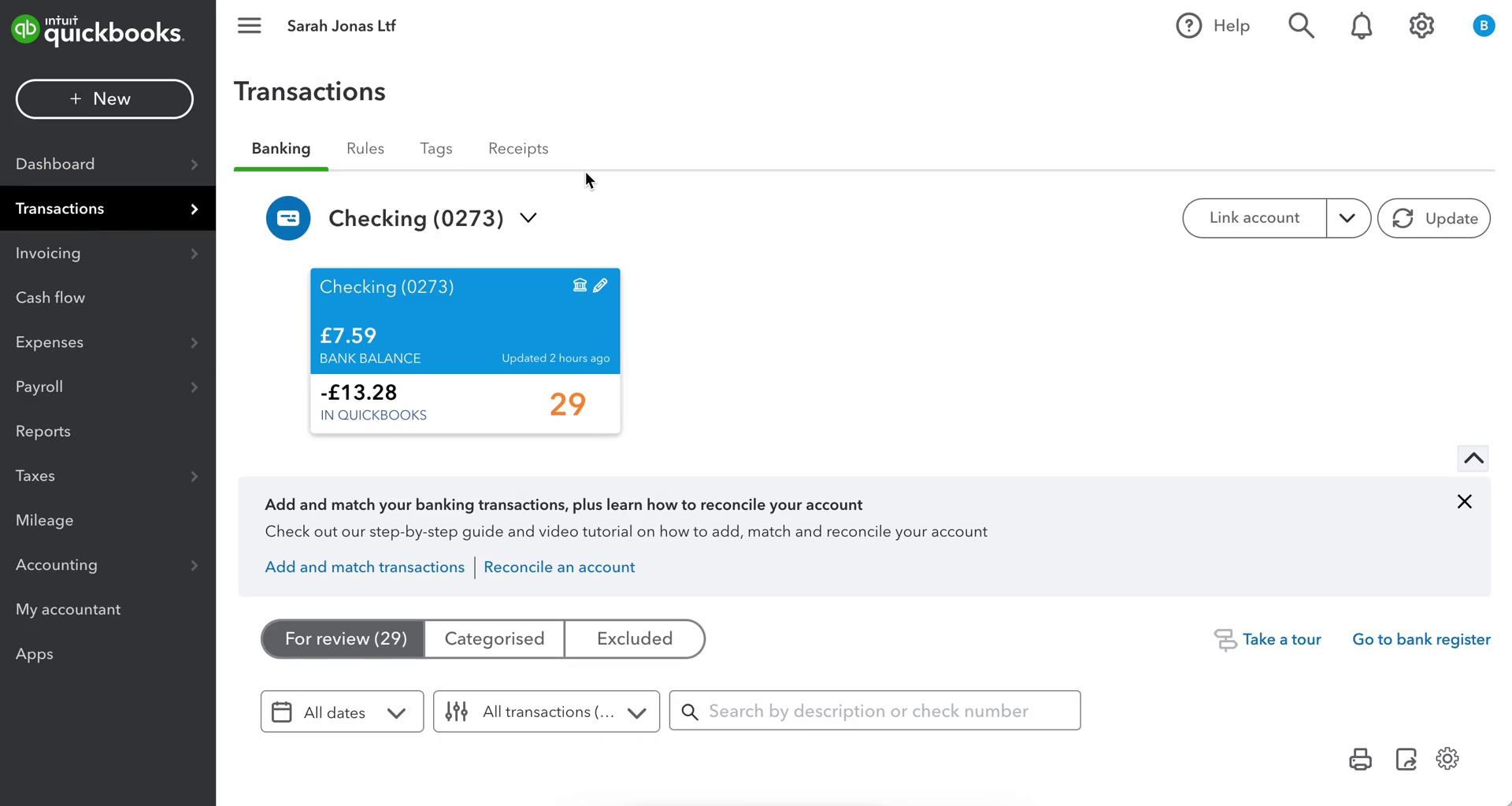 QuickBooks transactions screenshot