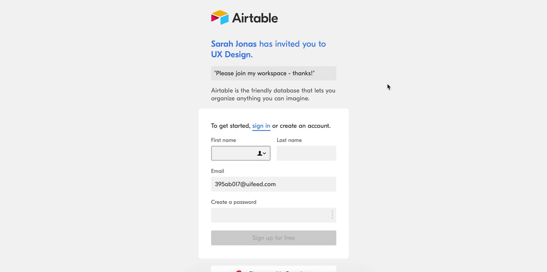 Airtable sign up screenshot