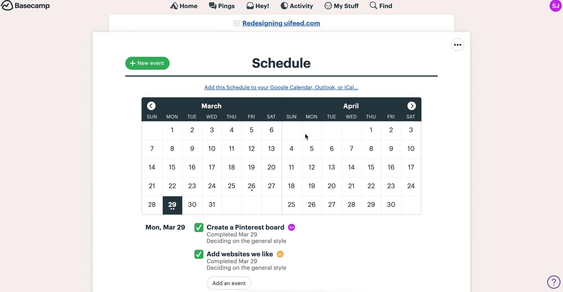 Basecamp schedule screenshot