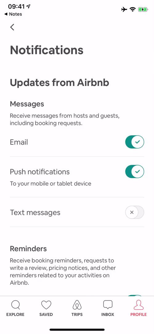 Airbnb notification settings screenshot