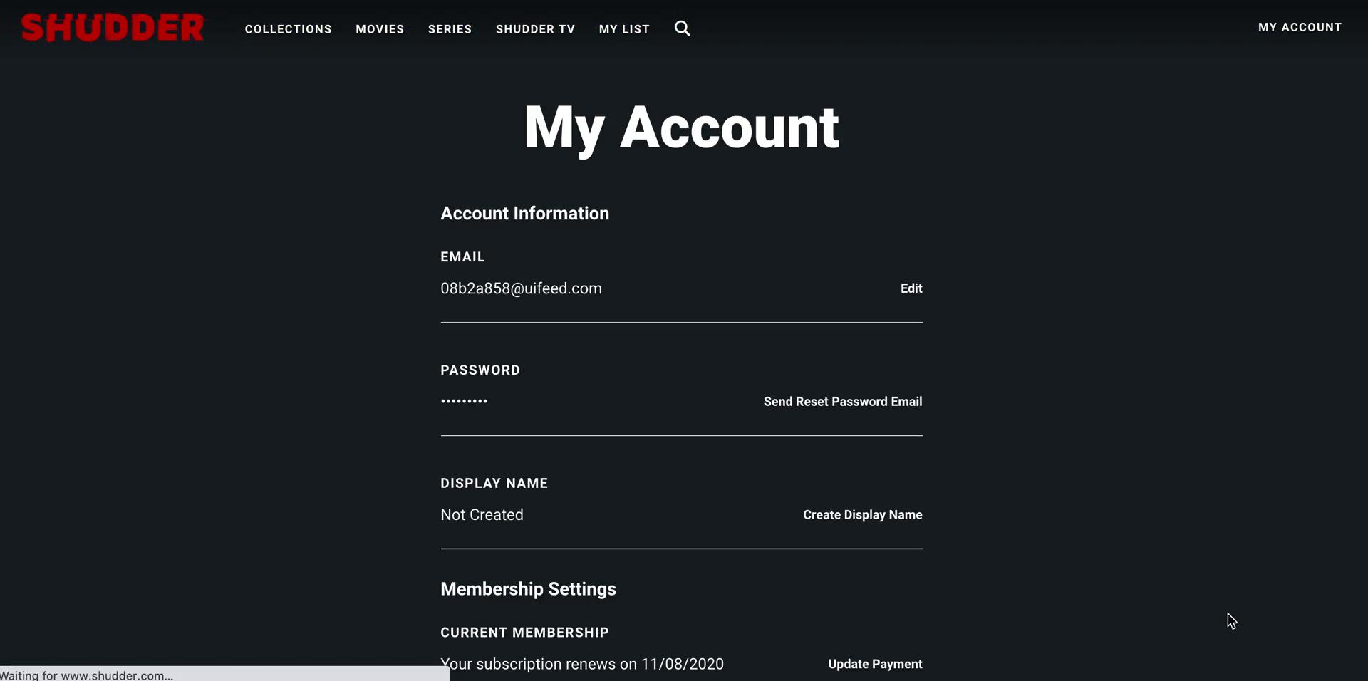 Shudder account settings screenshot