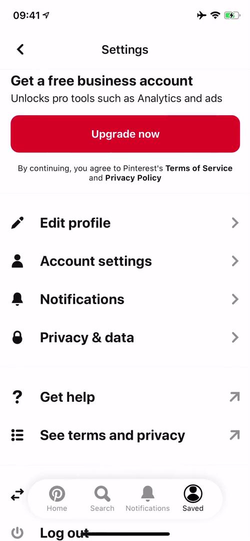 Pinterest settings screenshot