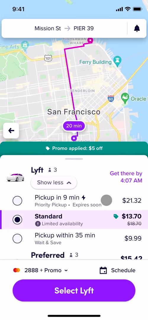 Lyft choose transport type screenshot