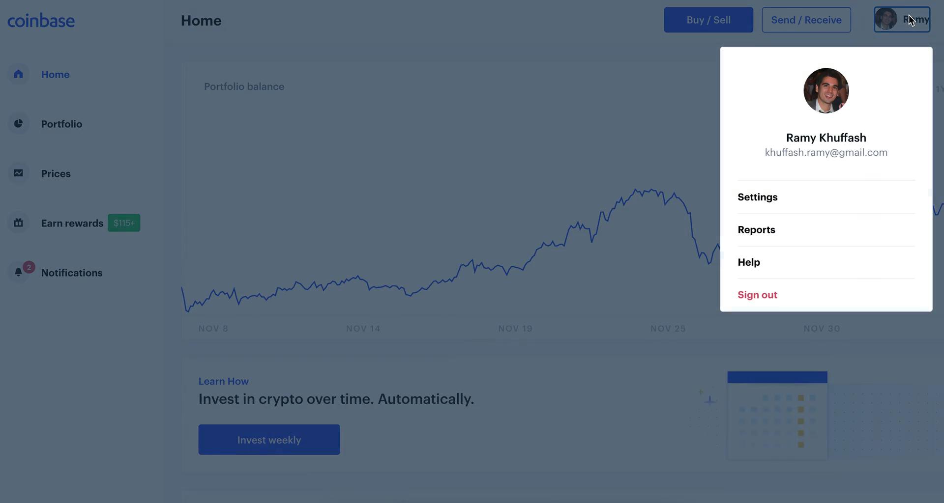 Coinbase navigation menu screenshot