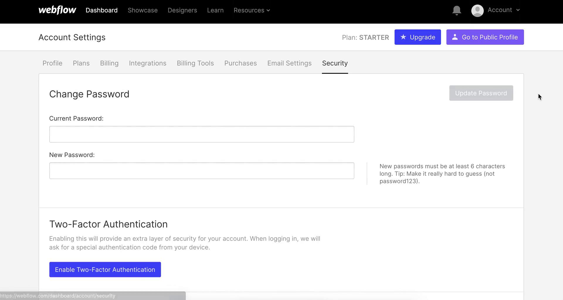 Webflow security settings screenshot