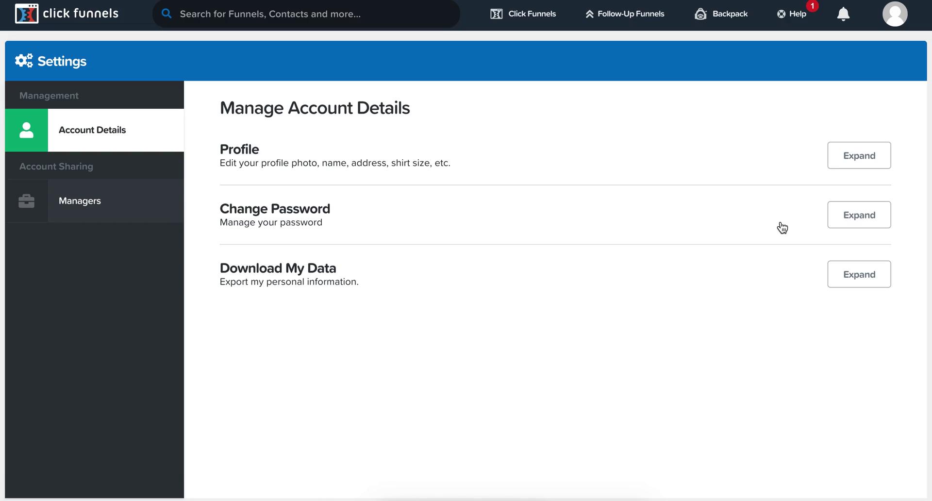 ClickFunnels account settings screenshot
