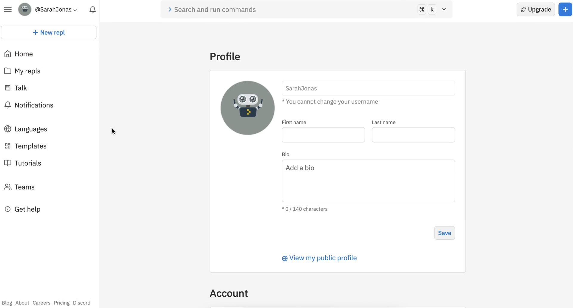 Replit account settings screenshot