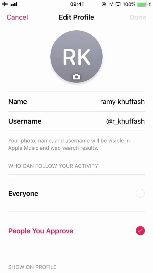 Apple Music edit profile screenshot