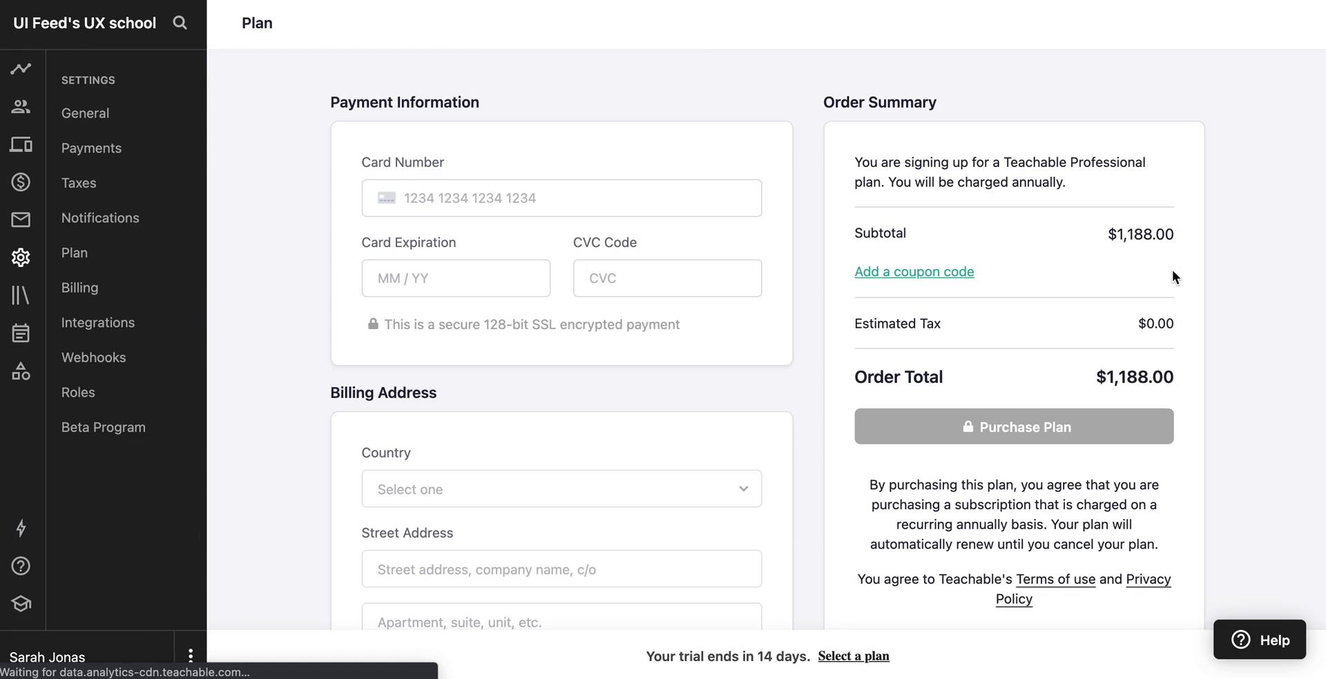 Teachable add payment details screenshot