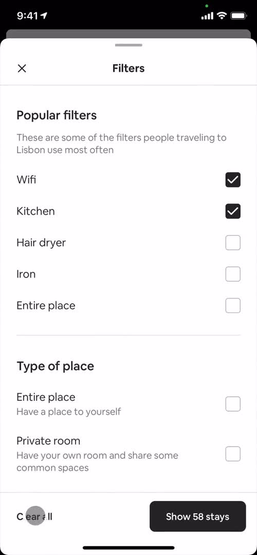 Airbnb filters screenshot