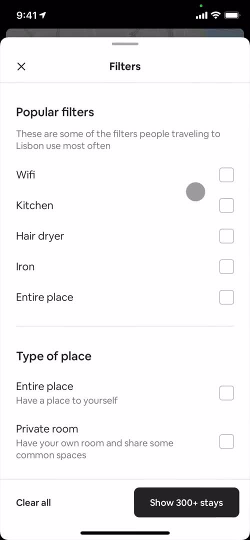 Airbnb filters screenshot