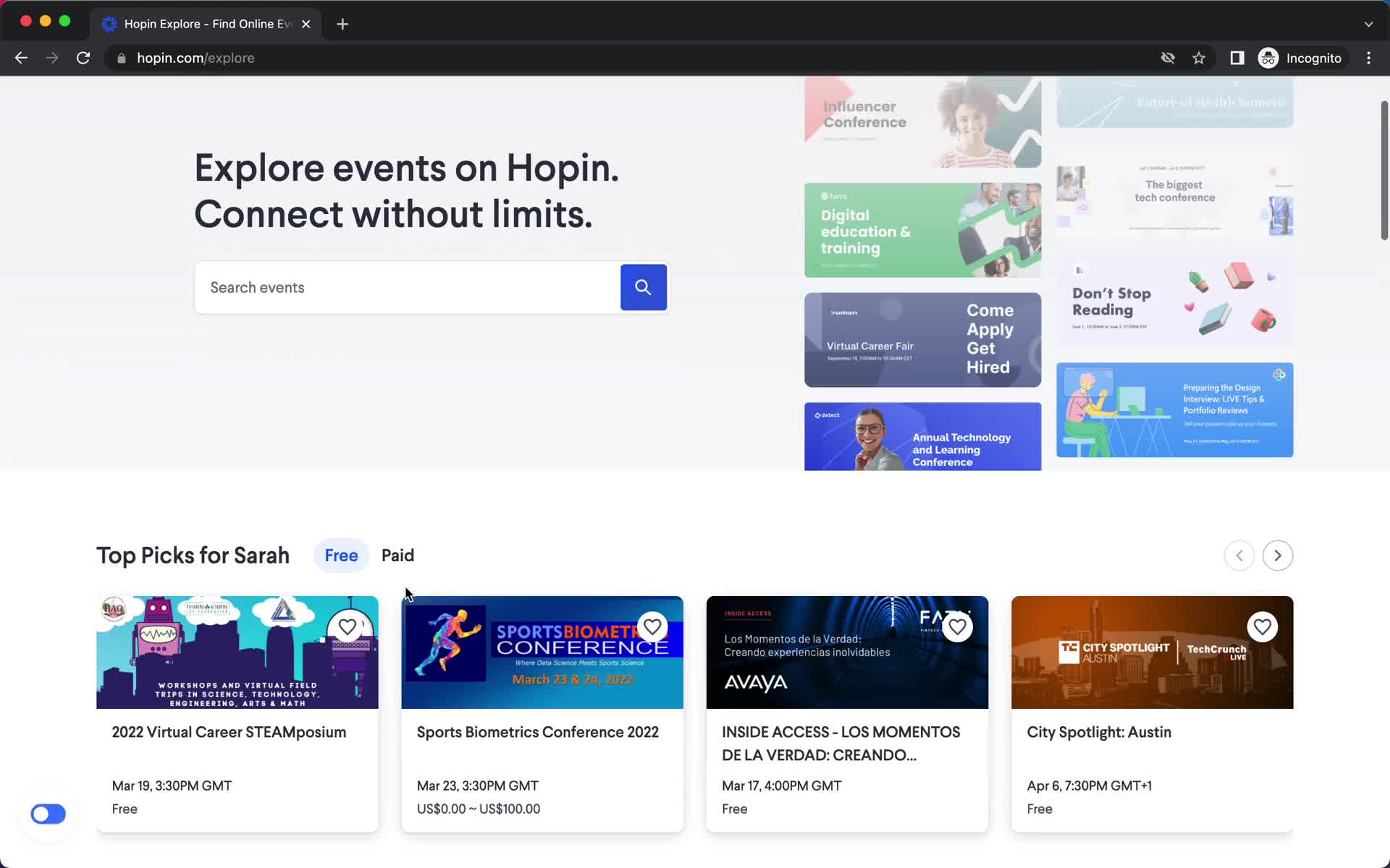 Hopin browse events screenshot