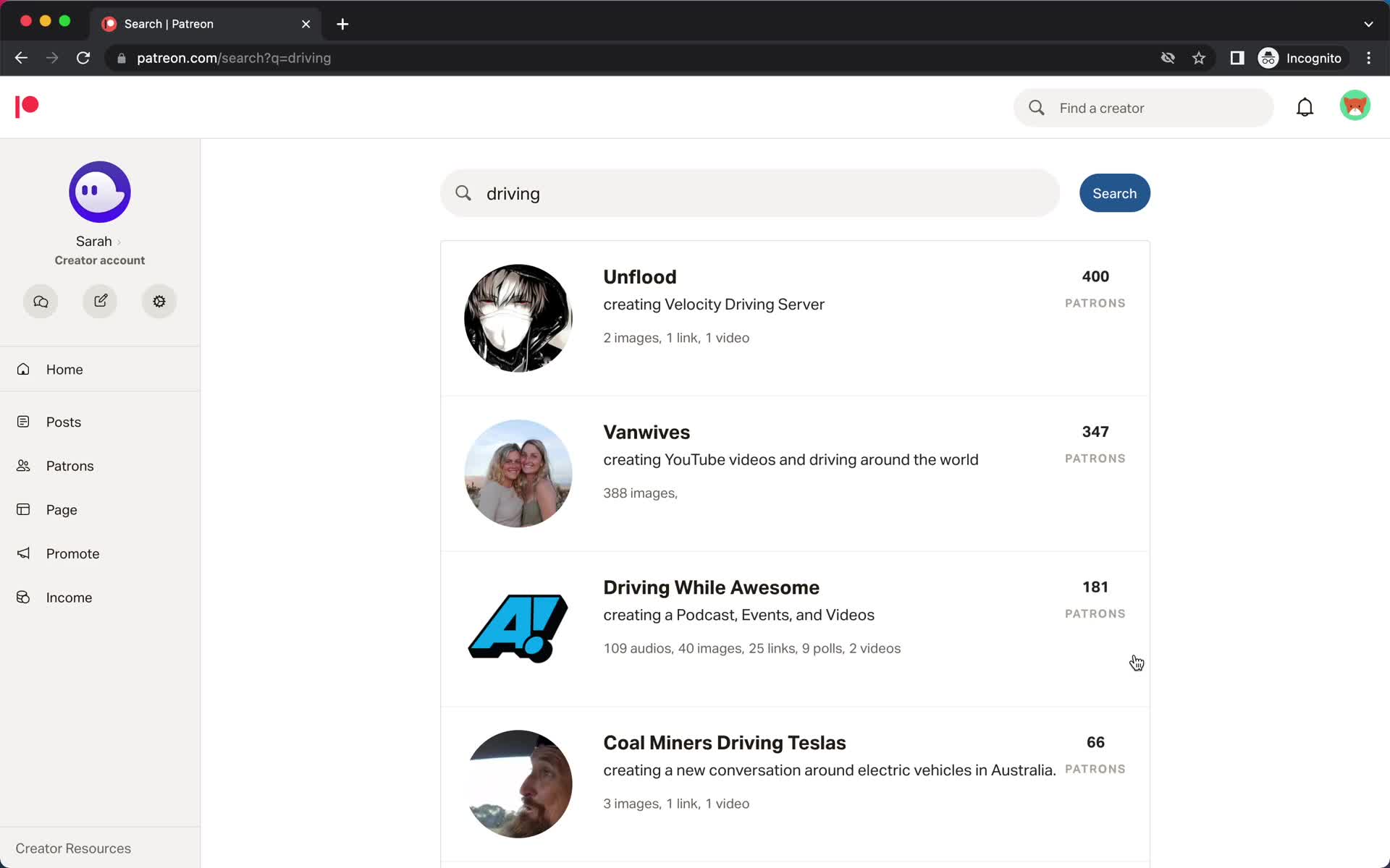 Patreon search results screenshot