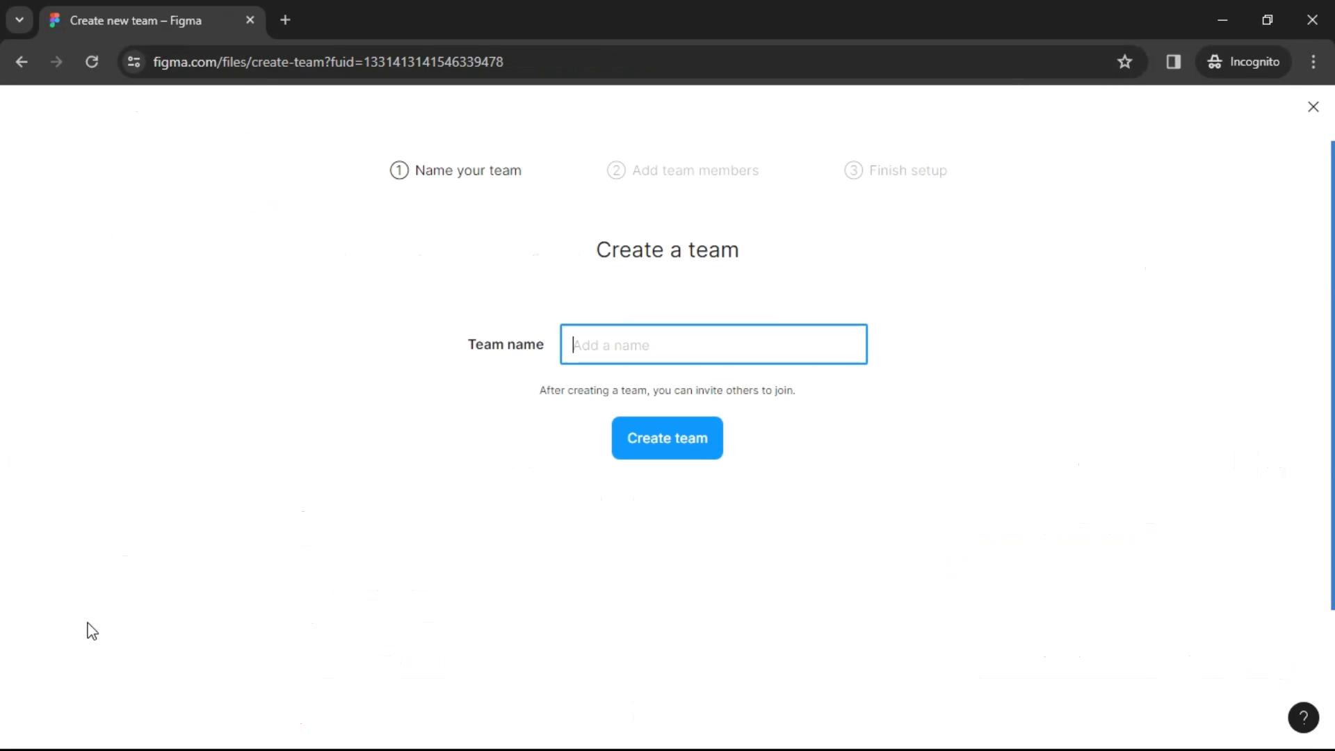 Screenshot of Creating a team on Figma