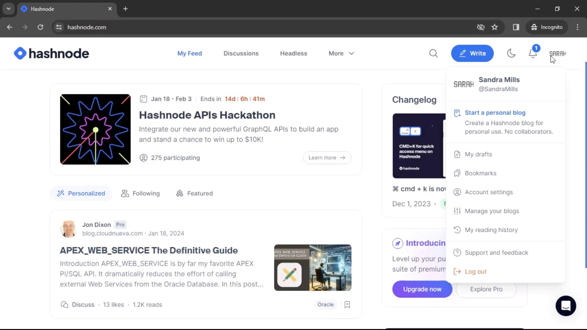 Screenshot of Upgrading your account on Hashnode