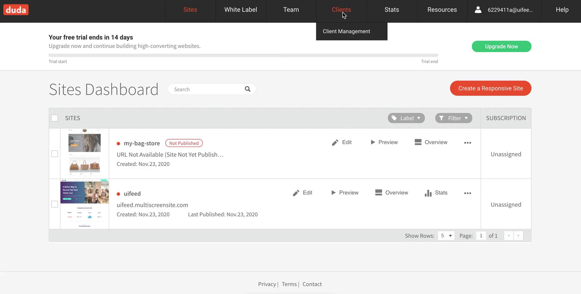 Screenshot of CRM on Duda