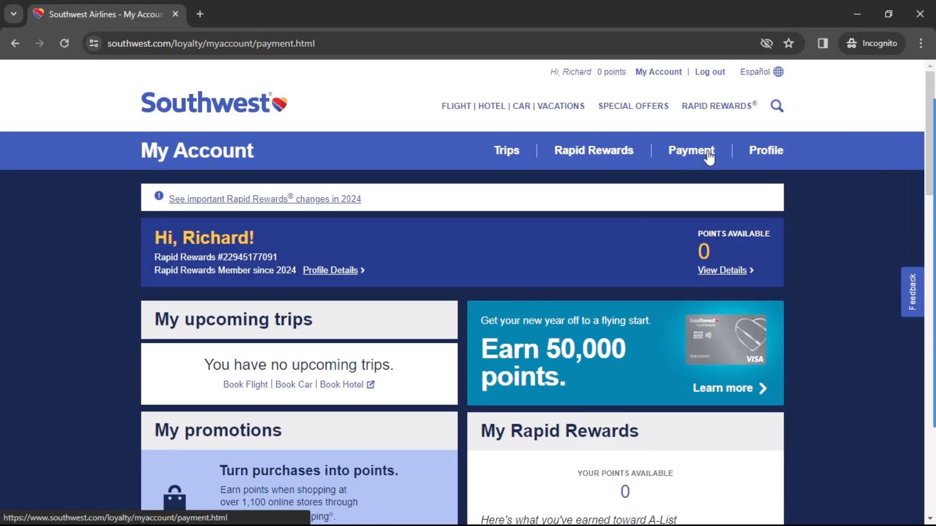 Adding payment details on Southwest Airlines video screenshot