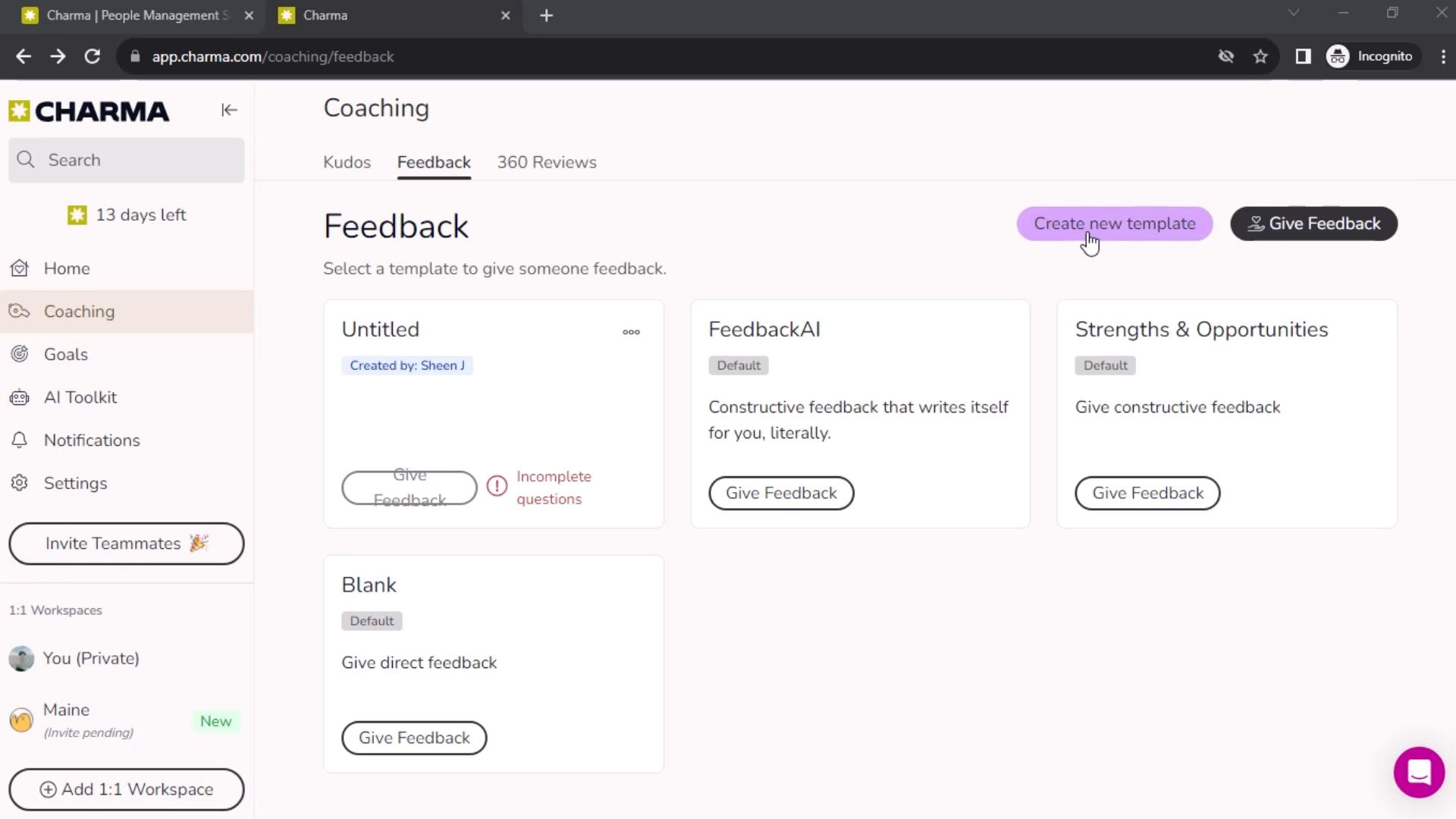 Screenshot of Creating feedback template on Charma