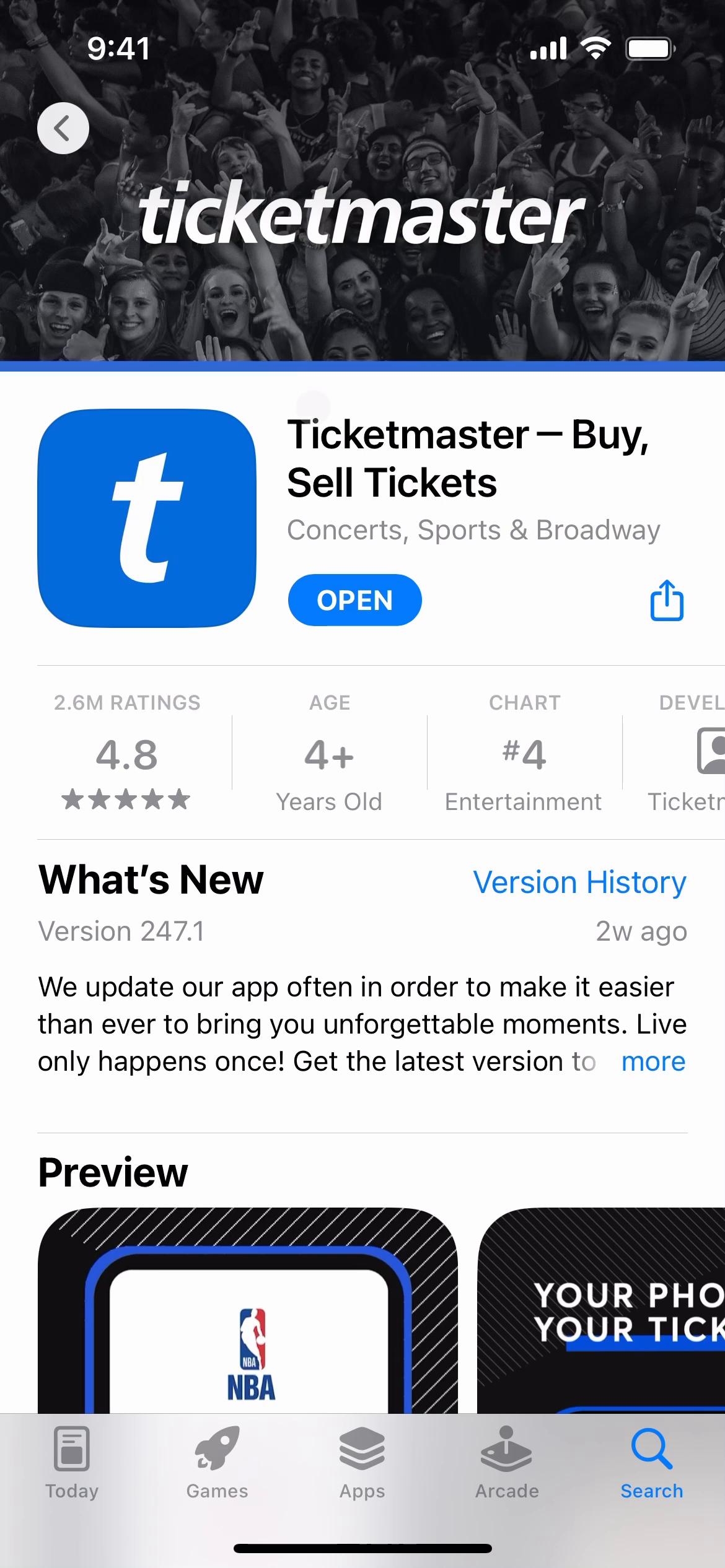 Screenshot of Onboarding on Ticketmaster