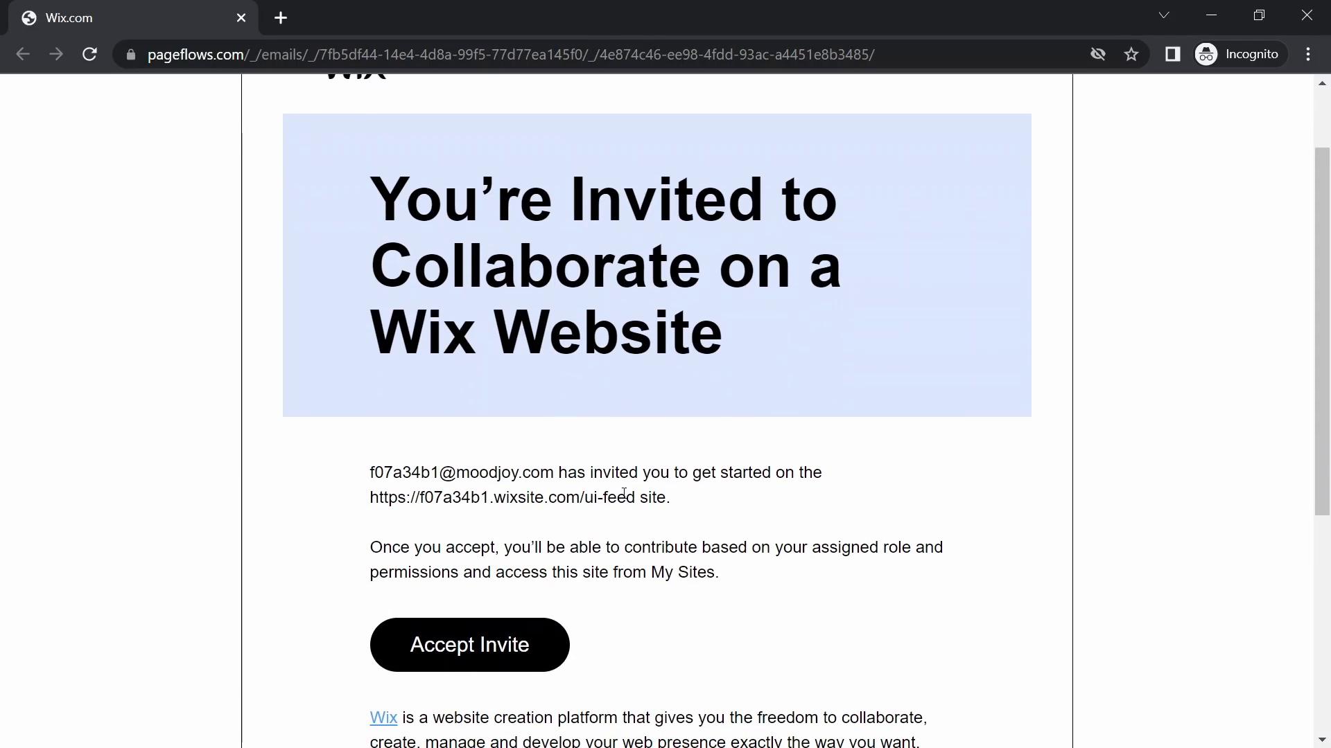 Accepting an invite on Wix video screenshot