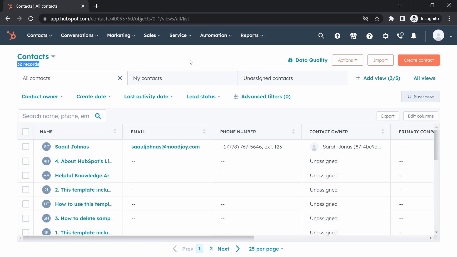 Screenshot of Tasks on HubSpot CRM