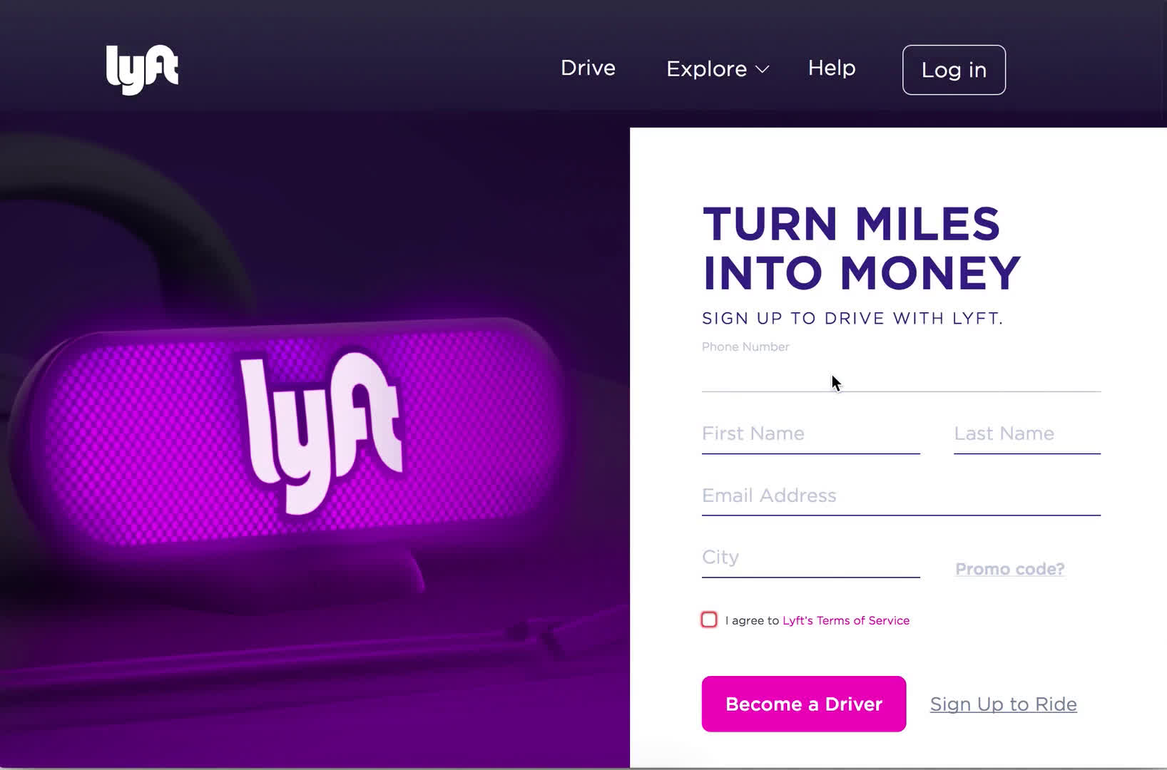 Screenshot of Driver signup on Lyft