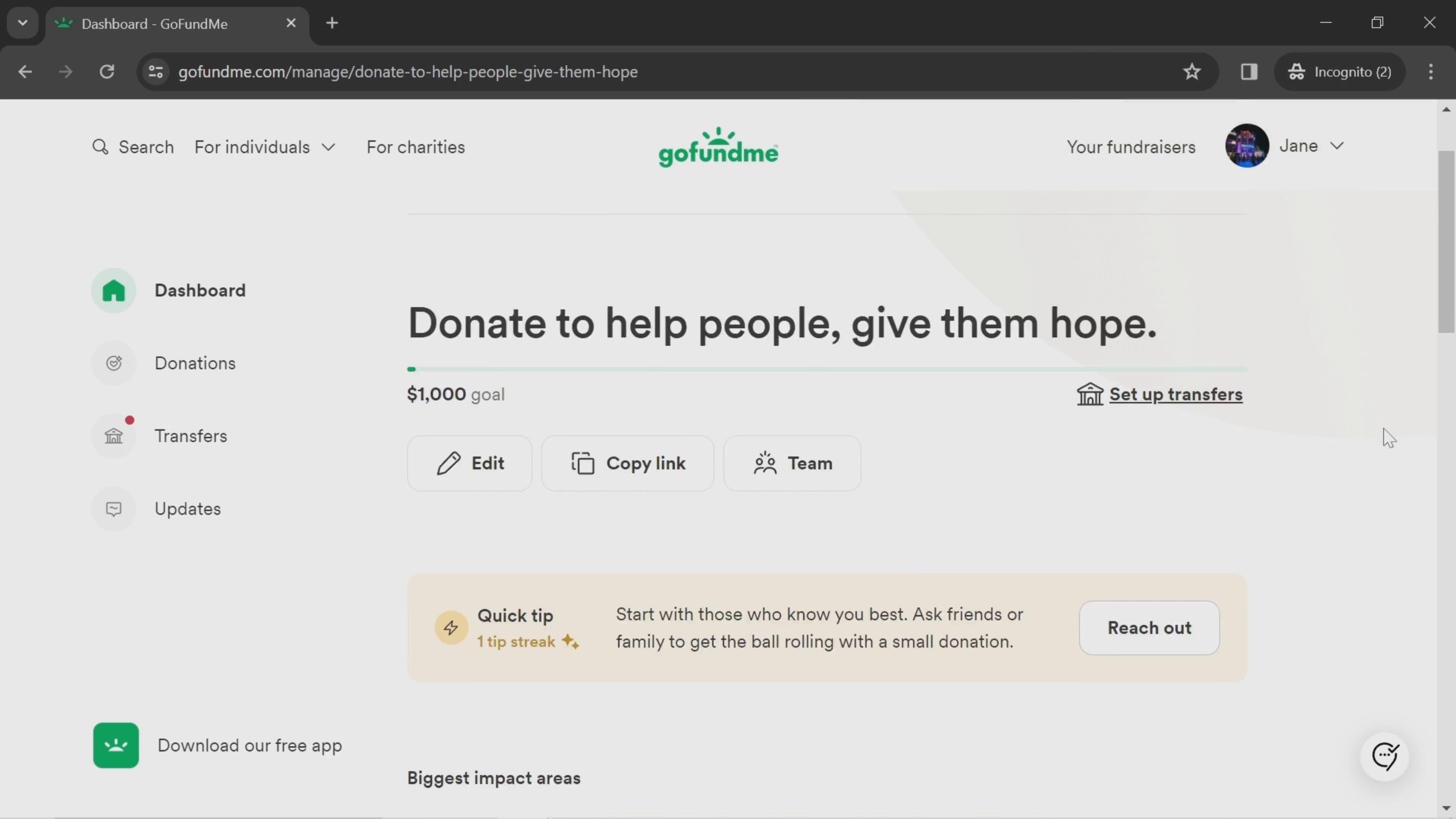 Deleting a team on GoFundMe video screenshot