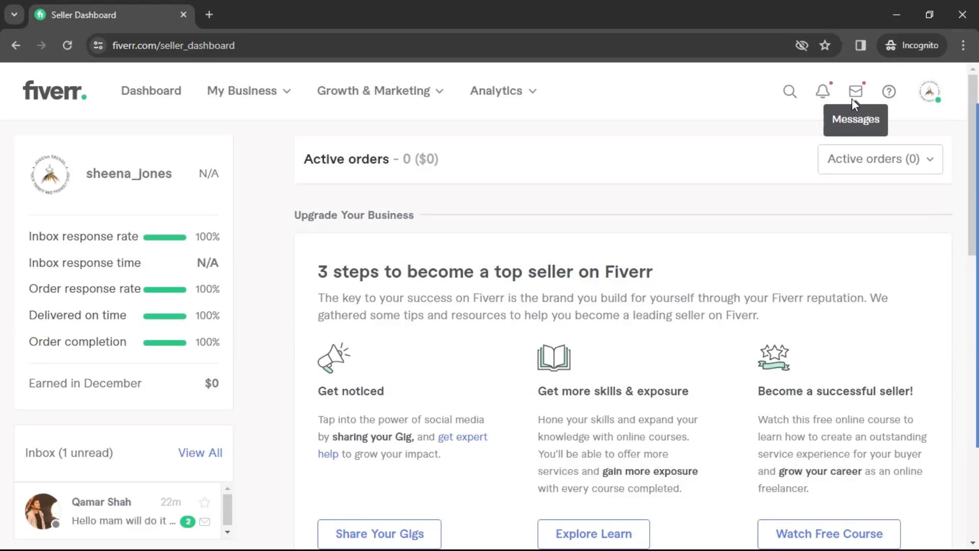 Screenshot of Sending messages on Fiverr