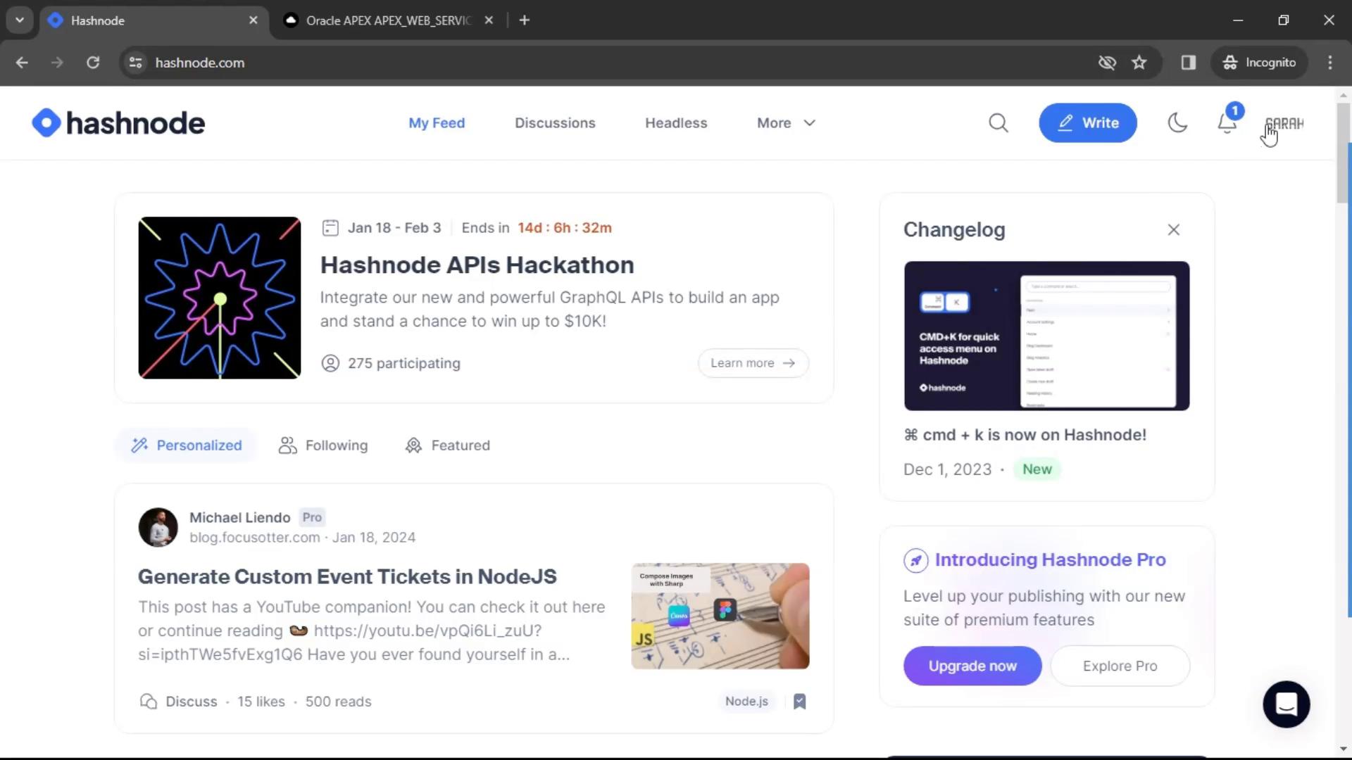 Logging out on Hashnode video screenshot