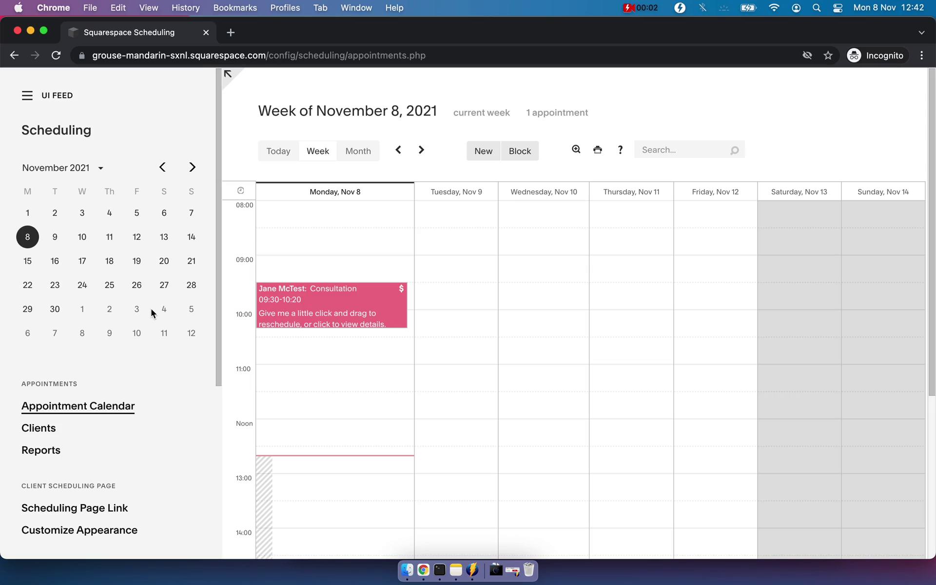 Screenshot of Creating an event type on Squarespace Scheduling