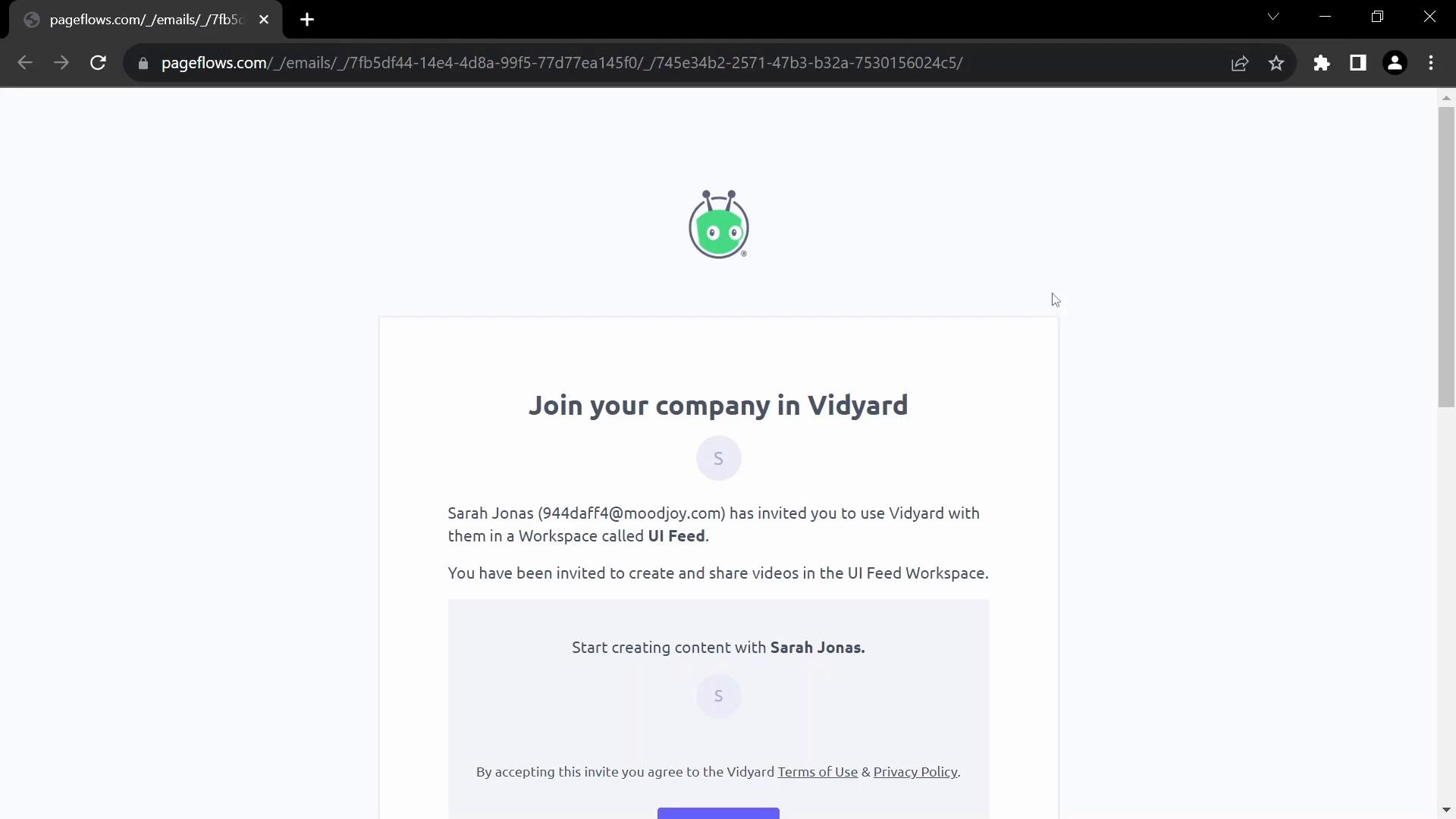 Accepting an invite on Vidyard video screenshot