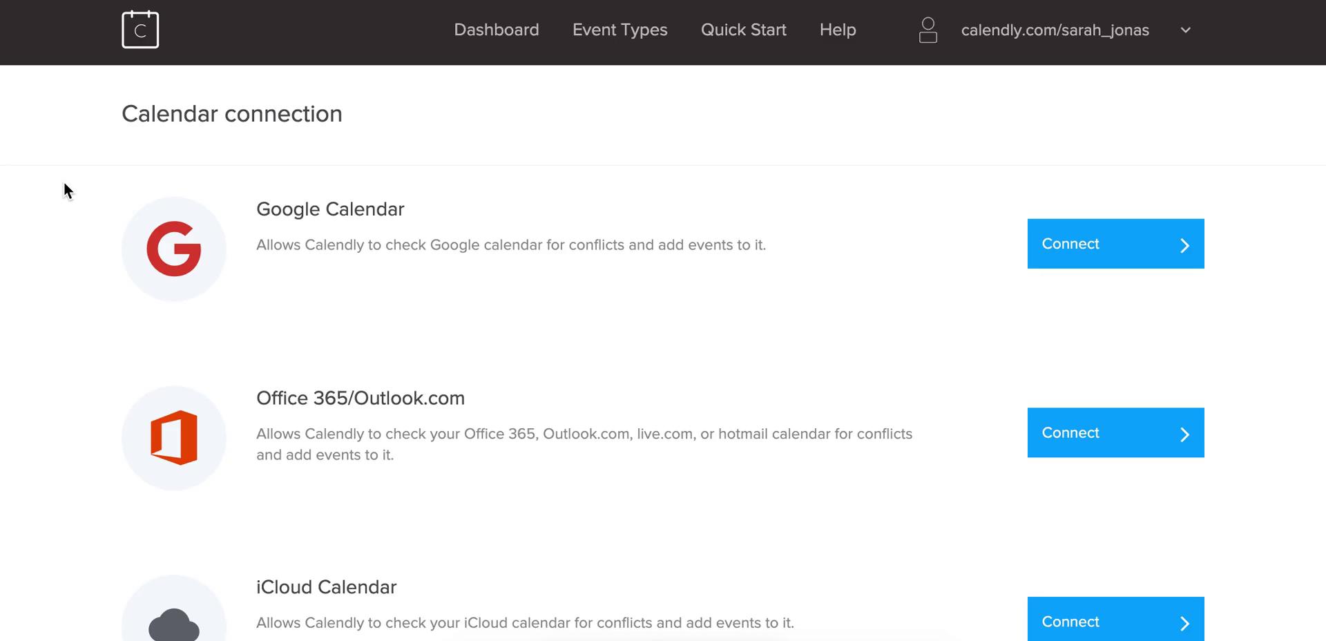 Screenshot of Connecting a calendar on Calendly