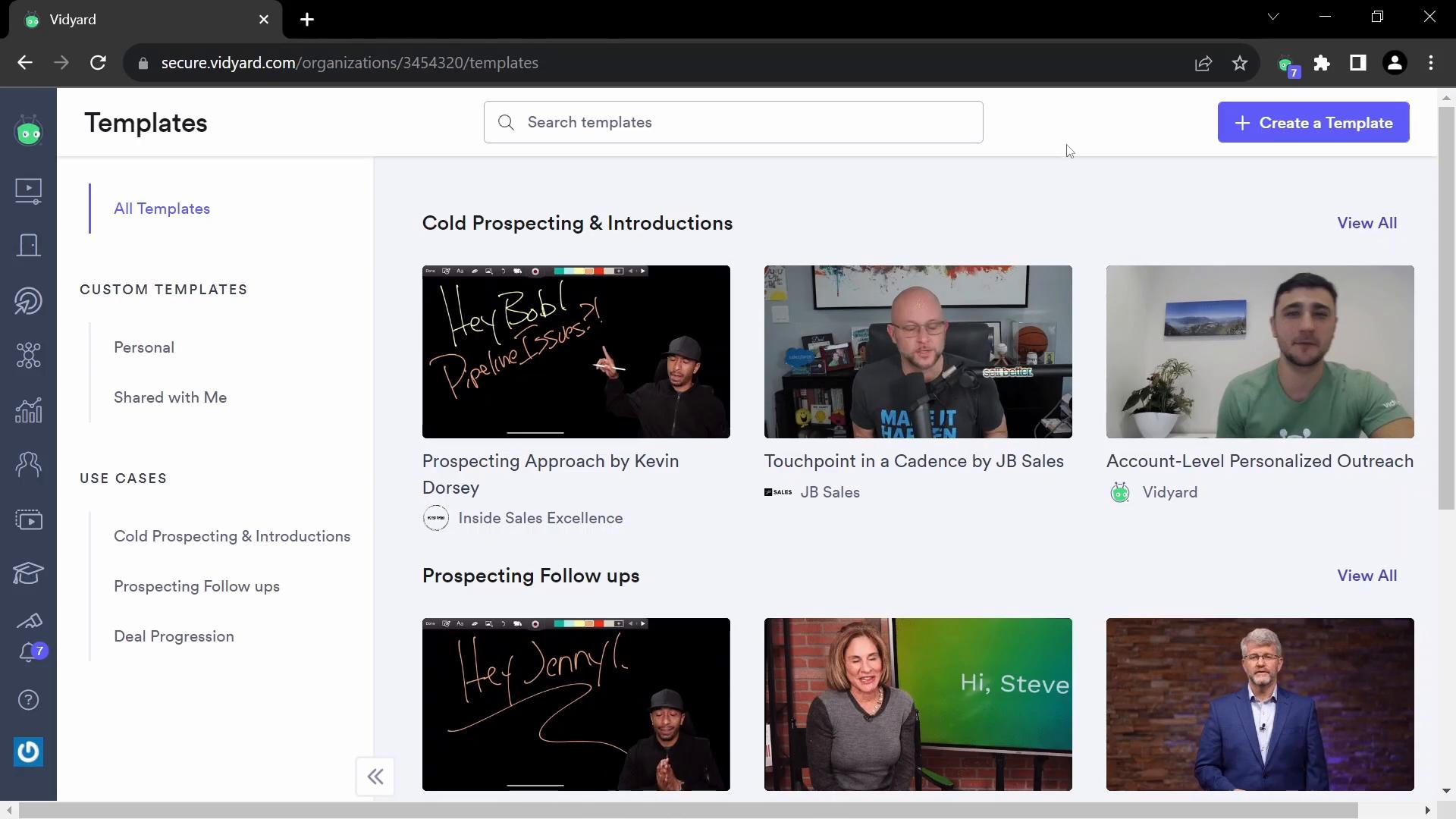 Screenshot of Creating a template on Vidyard