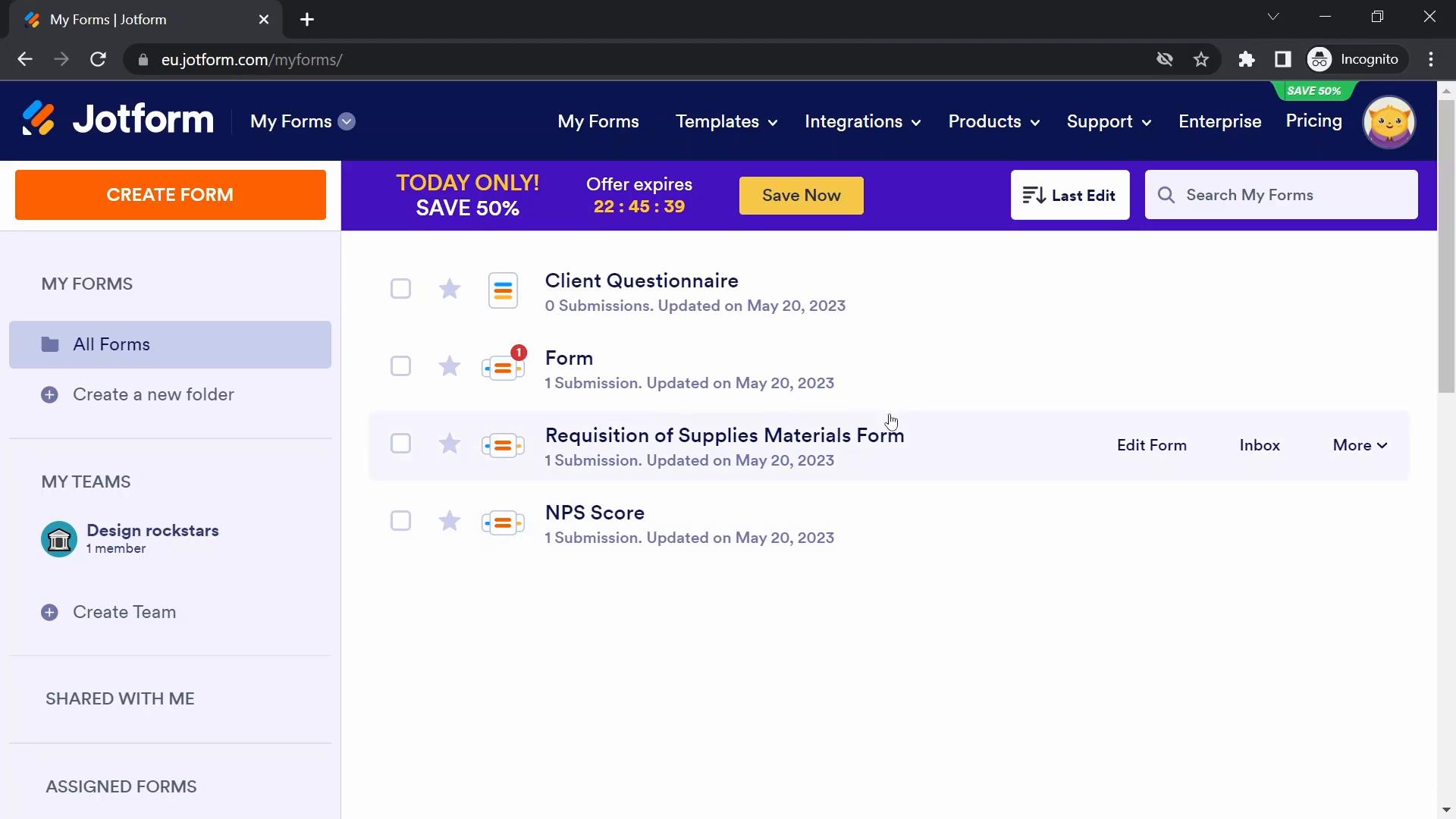 Screenshot of Searching on Jotform