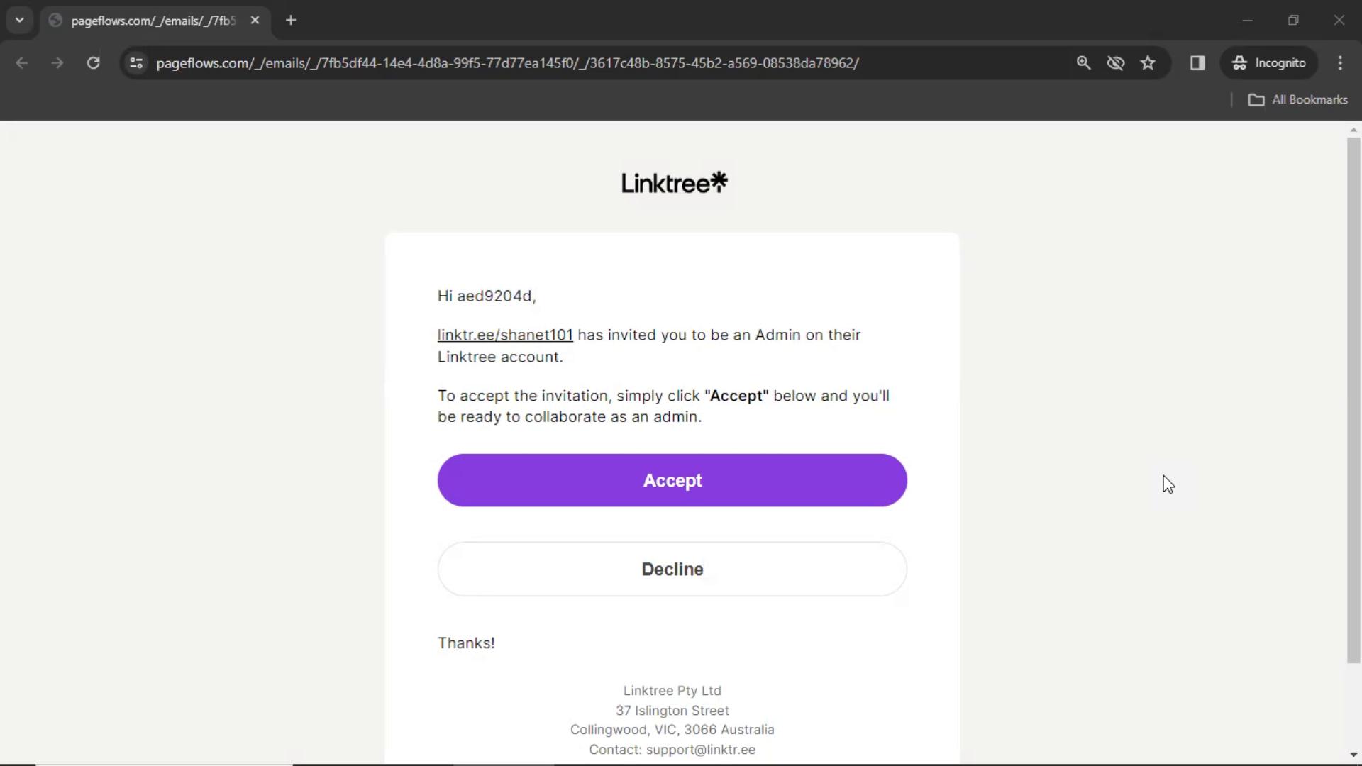 Screenshot of Accepting an invite on Linktree