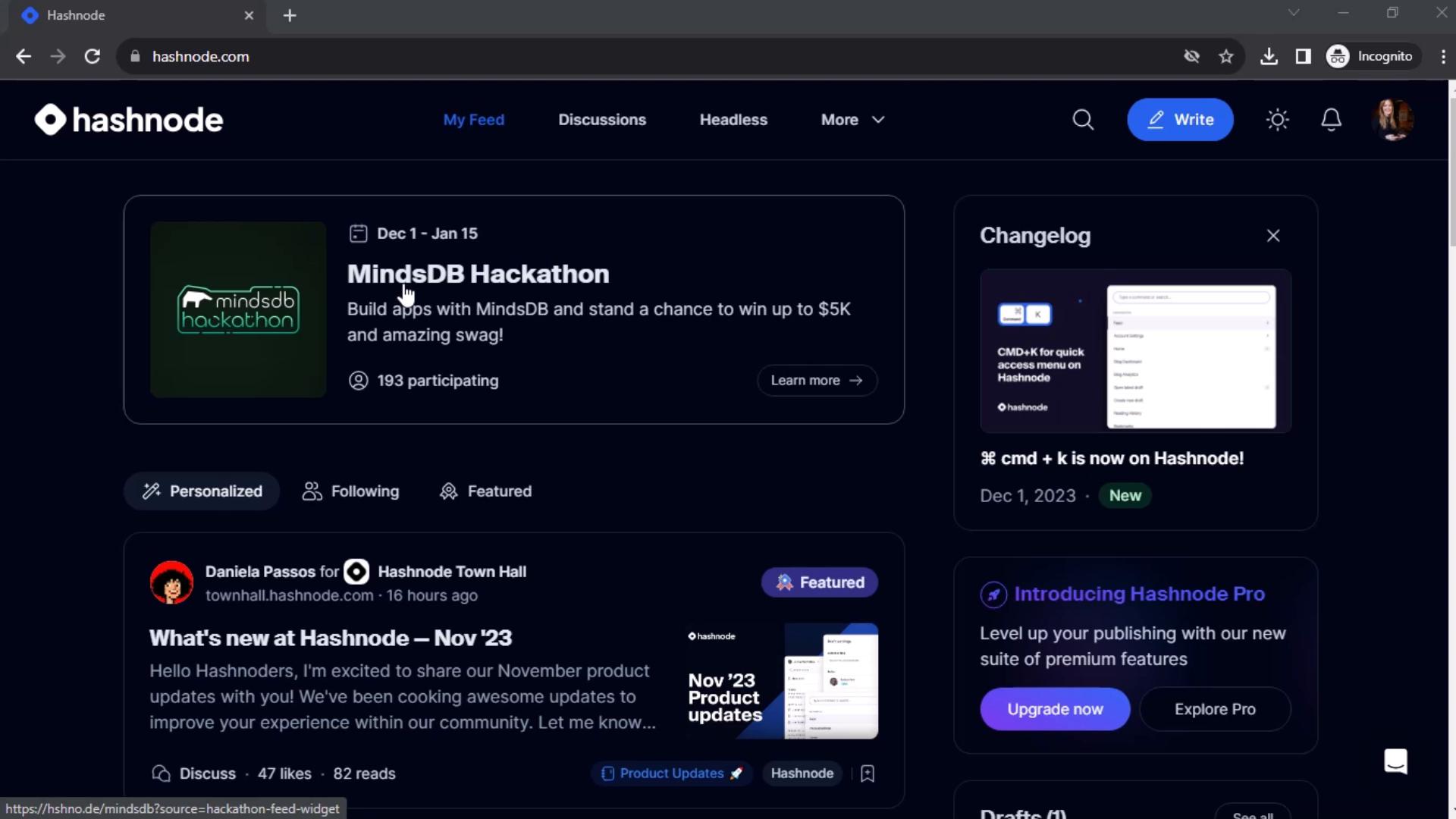 Screenshot of General browsing on Hashnode